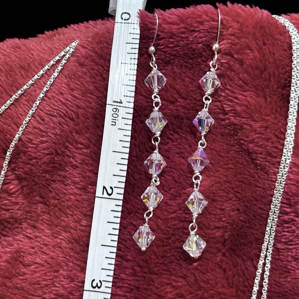 925 Sterling Silver Faceted Crystal Pendant Necklace & Dangle Earrings Set - Picture 13 of 16